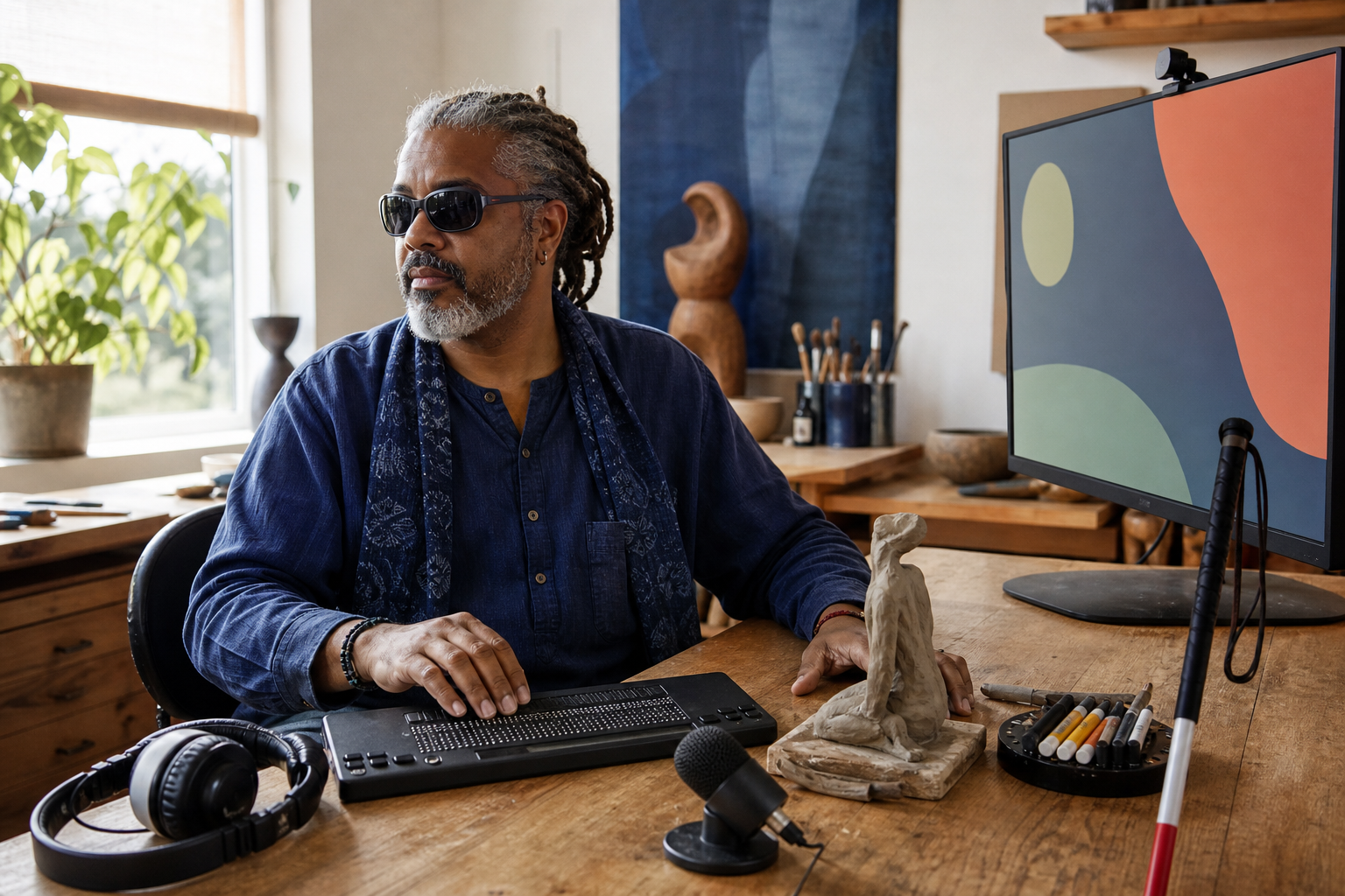 An artist with low vision works at an adapted desk with a braille display, headphones, microphone, clay model, large monitor, and white cane.