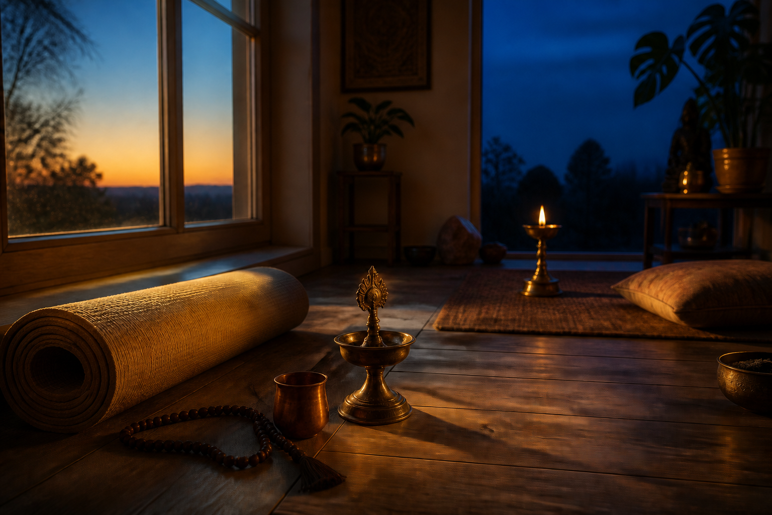 A meditation mat and prayer beads in daylight lead toward a lit brass lamp in the gathering evening.