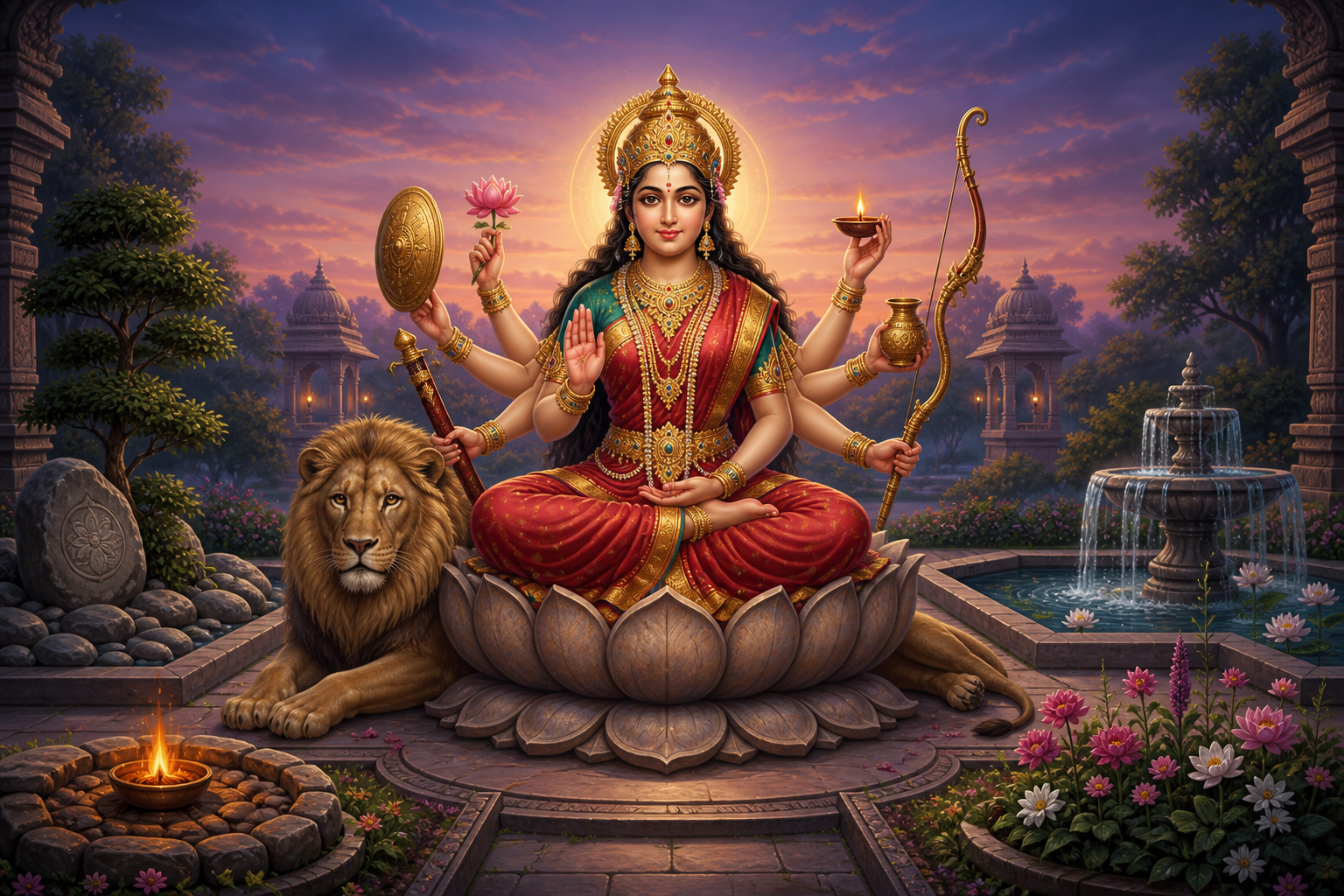 Durga sits on a lotus-shaped platform with many arms holding protective and contemplative objects, while a peaceful lion rests beside her in a temple garden.