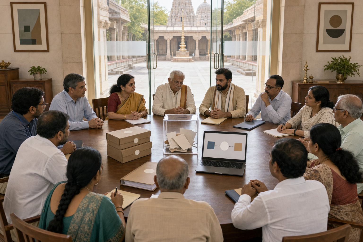Temple representatives, auditors, and community observers review unlabelled financial records together around an open circular table.