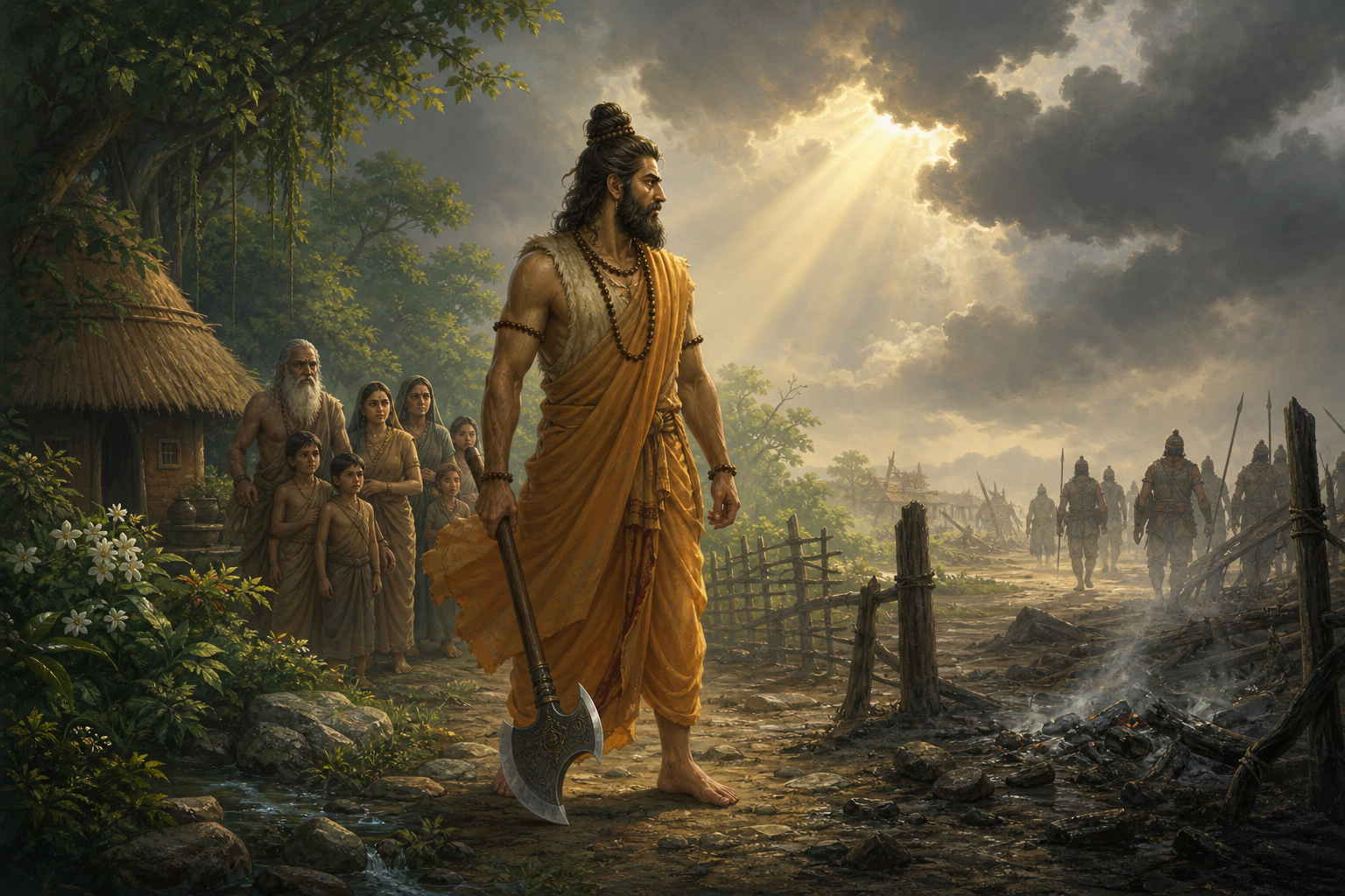 Parashurama stands with his axe lowered between villagers and retreating aggressors near a damaged forest settlement.
