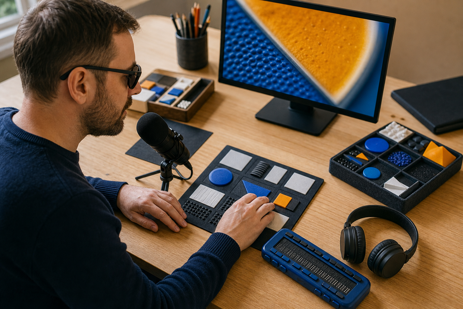 A person records audio notes while using a tactile storyboard at a desk equipped with headphones, a braille device, organizing trays, and a magnified monitor.
