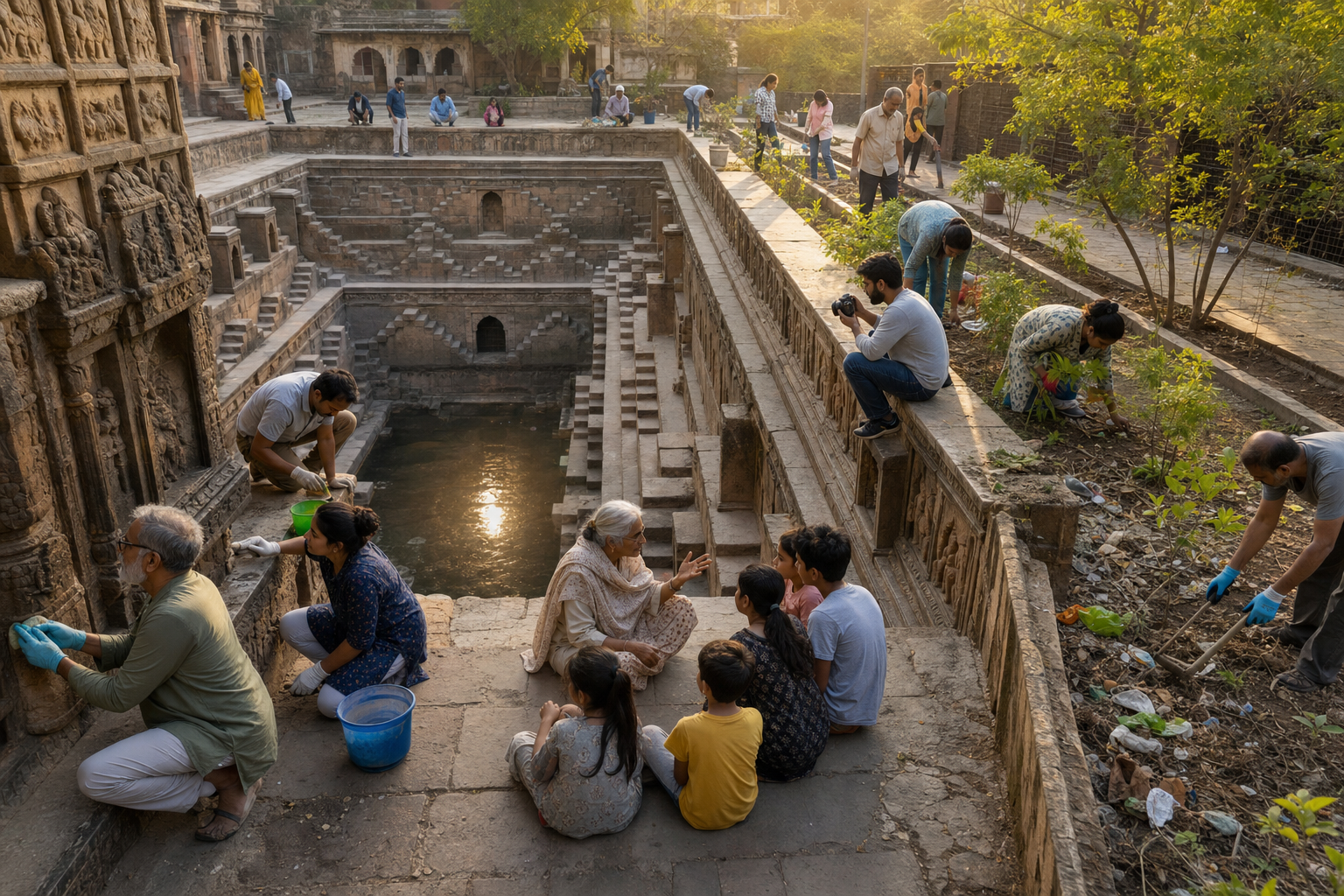 Residents of different ages and backgrounds clean and restore a historic stepwell, plant saplings, and teach children about the site.