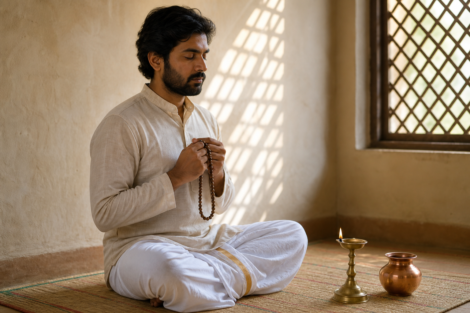 A practitioner holds wooden prayer beads while seated on a woven mat beside a brass lamp and copper water vessel.