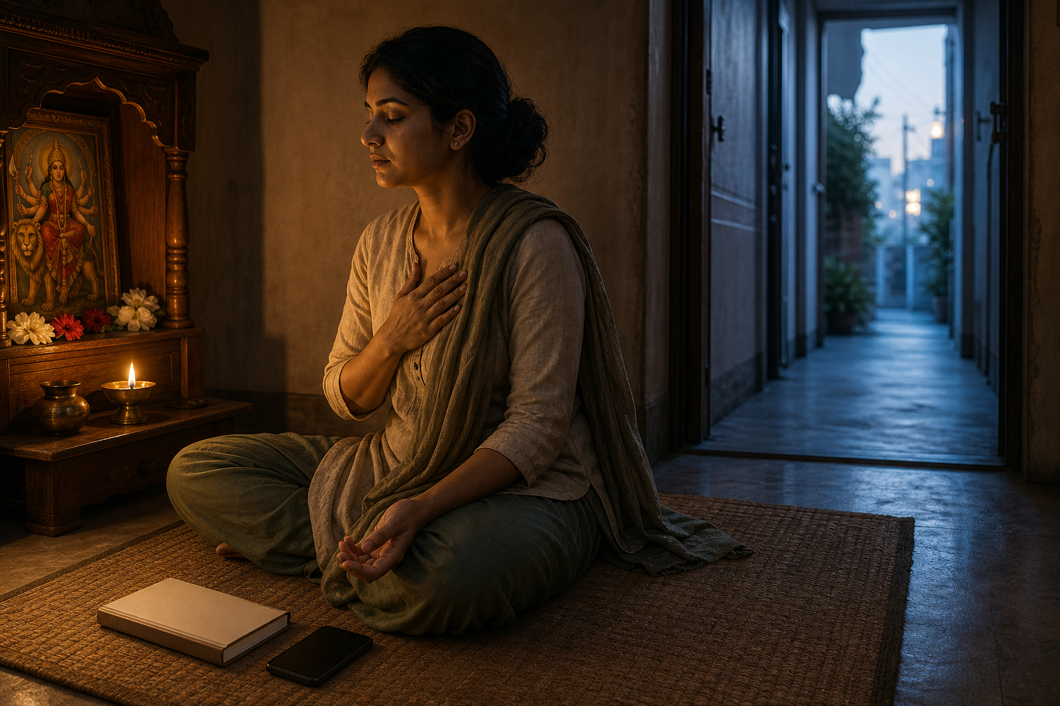 A woman meditates beside a small Durga shrine and oil lamp at dawn, with a face-down phone and a doorway opening into a cool-lit corridor.