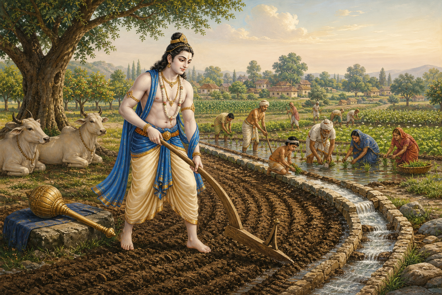 Balarama uses a plough beside a restored irrigation channel as farmers plant seedlings in a field.