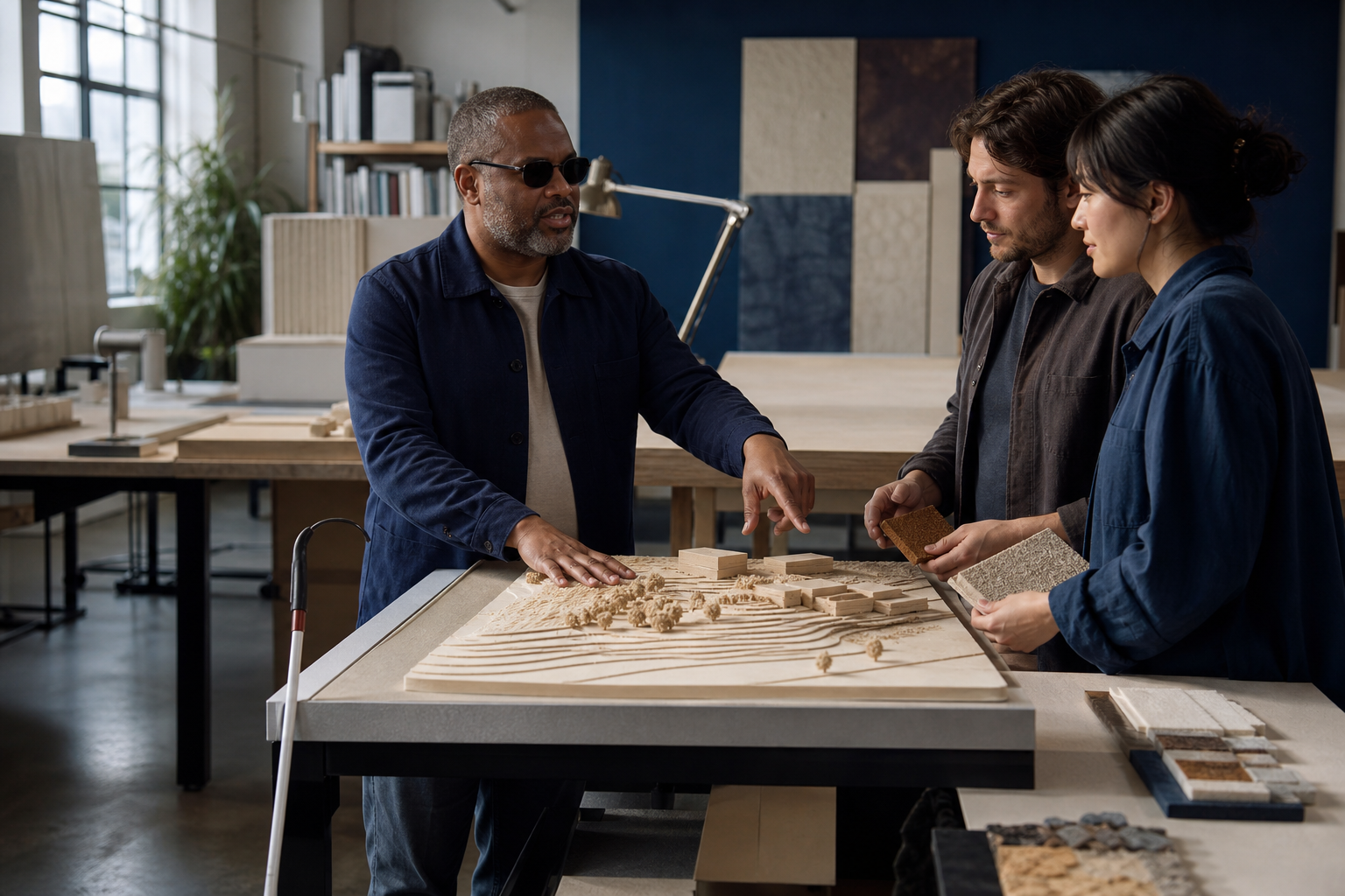 A blind creative director examines a tactile model and gestures to two attentive collaborators in an accessible art studio.