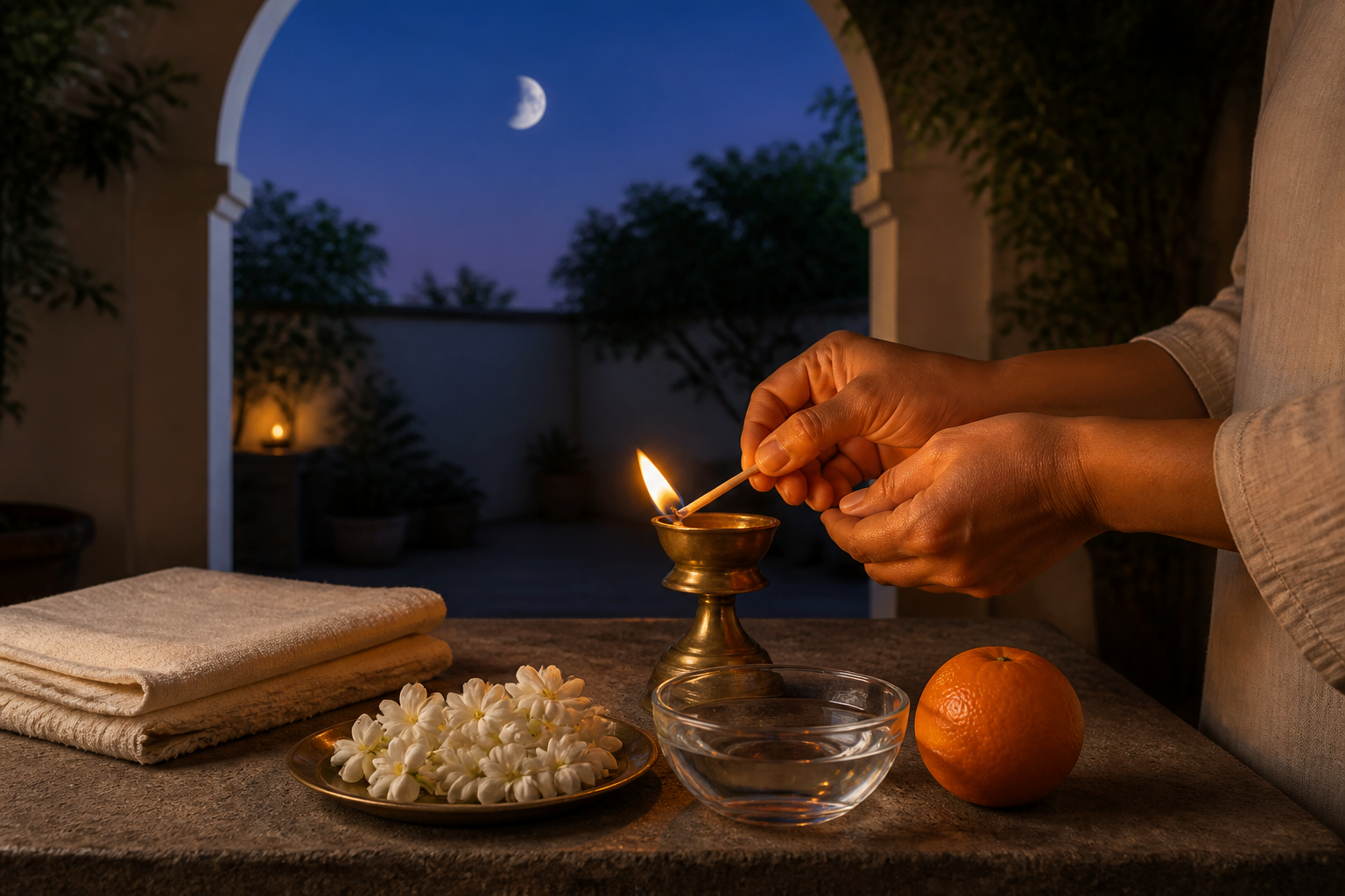 Hands light a brass oil lamp beside water, jasmine flowers, and fruit in a moonlit courtyard.