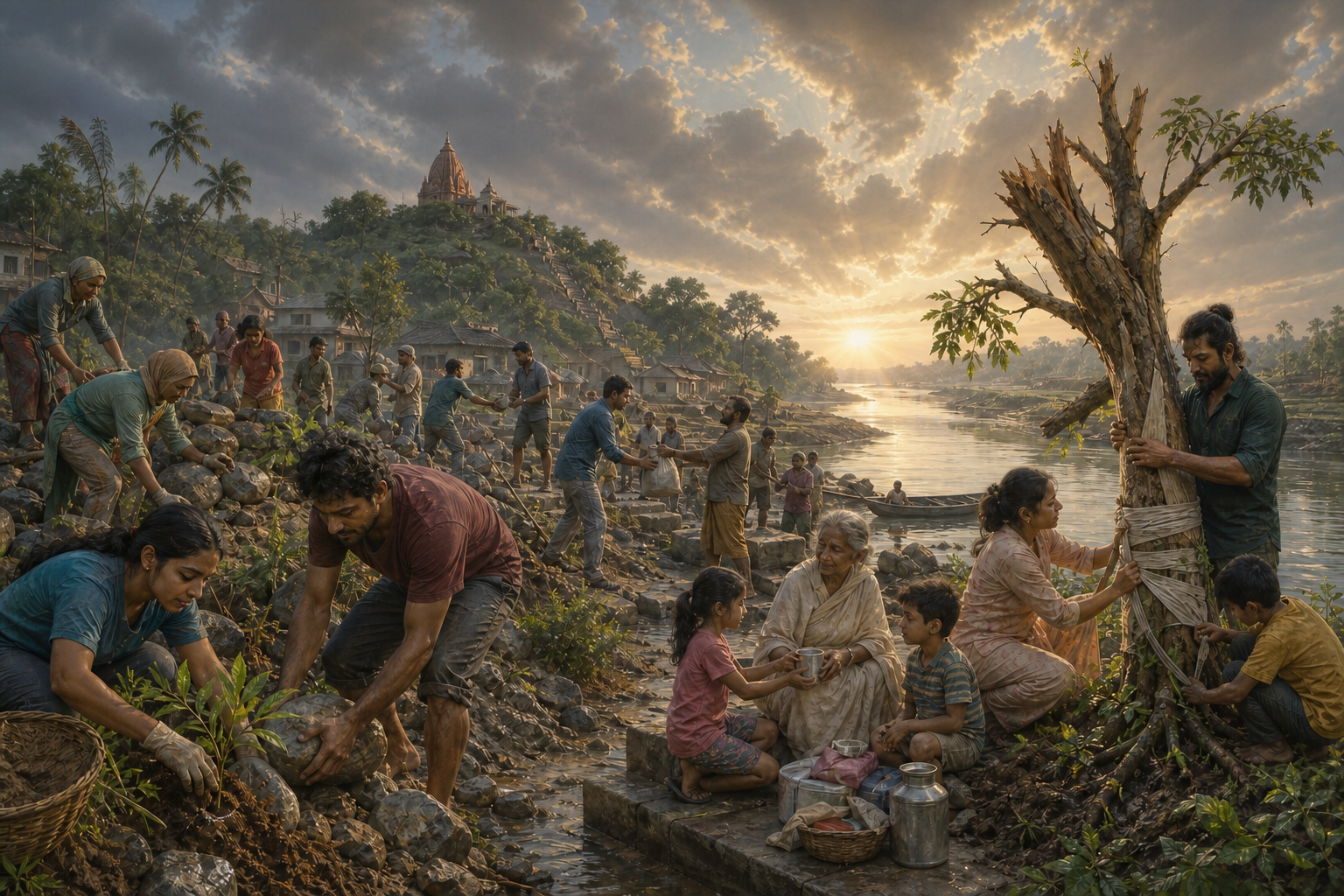 Neighbors restore a storm-damaged riverside, carry supplies, assist families, and tend a tree as sunlight reaches a small hilltop Durga temple.