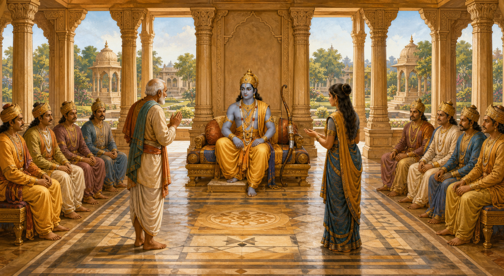 Sri Rama listens to two citizens in an orderly open court while his bow rests beside his seat.