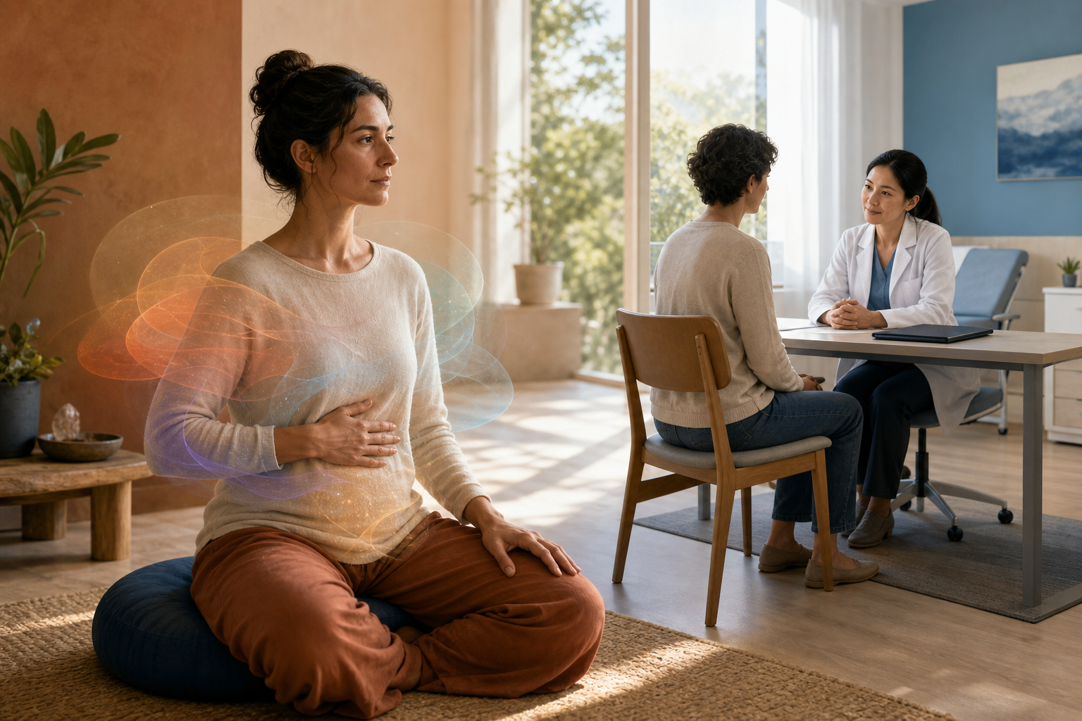 A practitioner calmly observes abdominal sensations while a healthcare professional listens in a softly connected clinic setting.