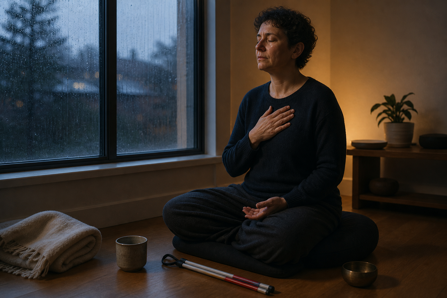 A person with a tear on their cheek sits on a meditation cushion beside a rainy window, with a white cane and small bell nearby.