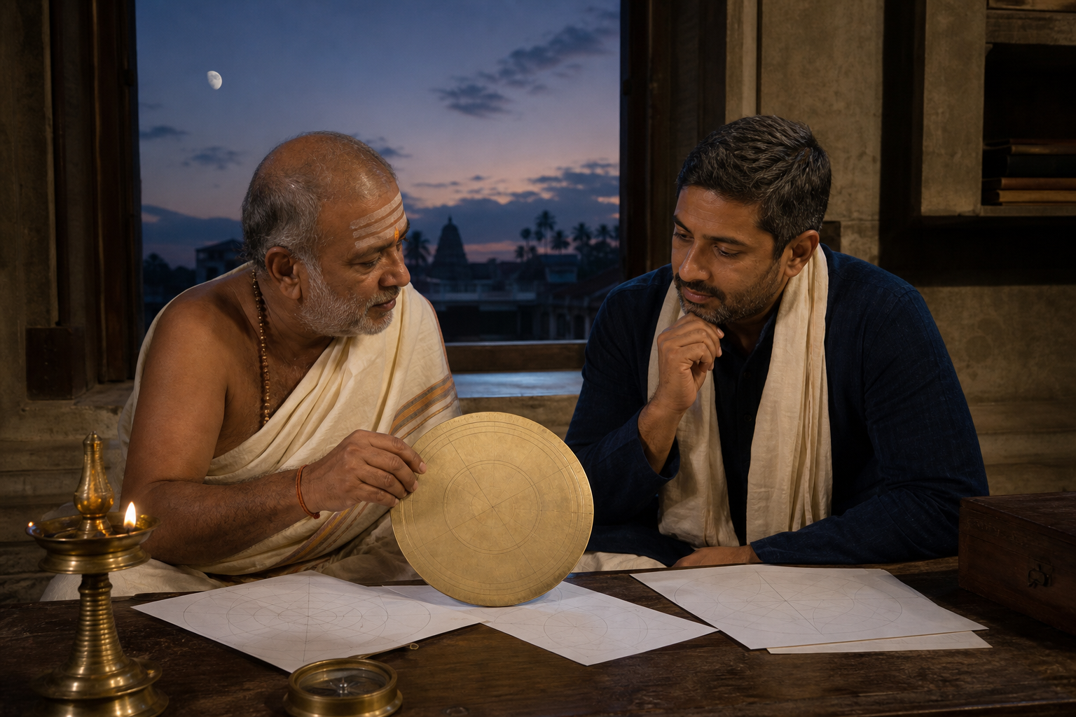 Two people consult an unmarked astronomical instrument beside an open window while observing the dusk sky and waxing moon.