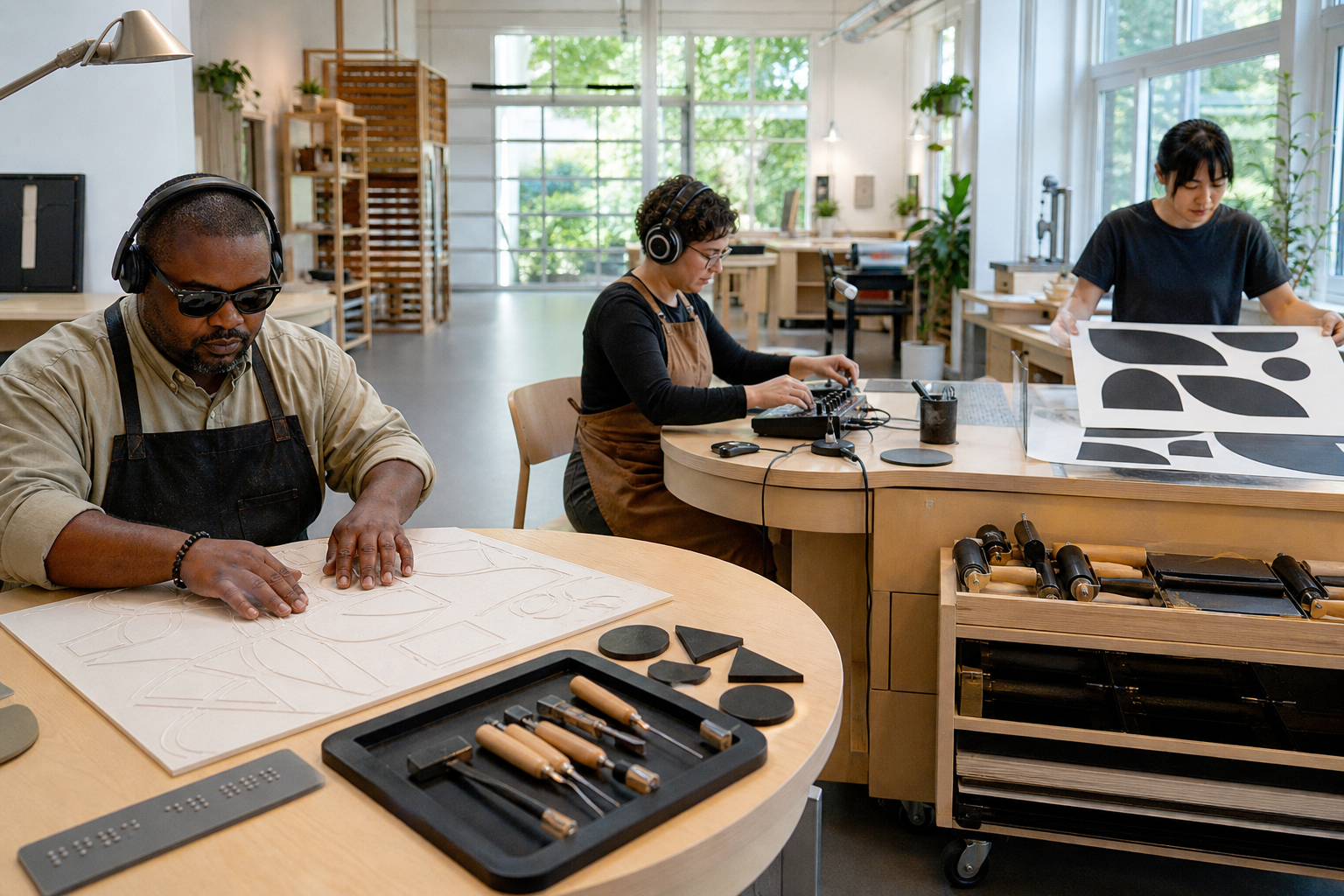 Blind and sighted artists share an accessible studio with raised-line artwork, audio equipment, high-contrast prints, tactile tool organizers, and clear pathways.