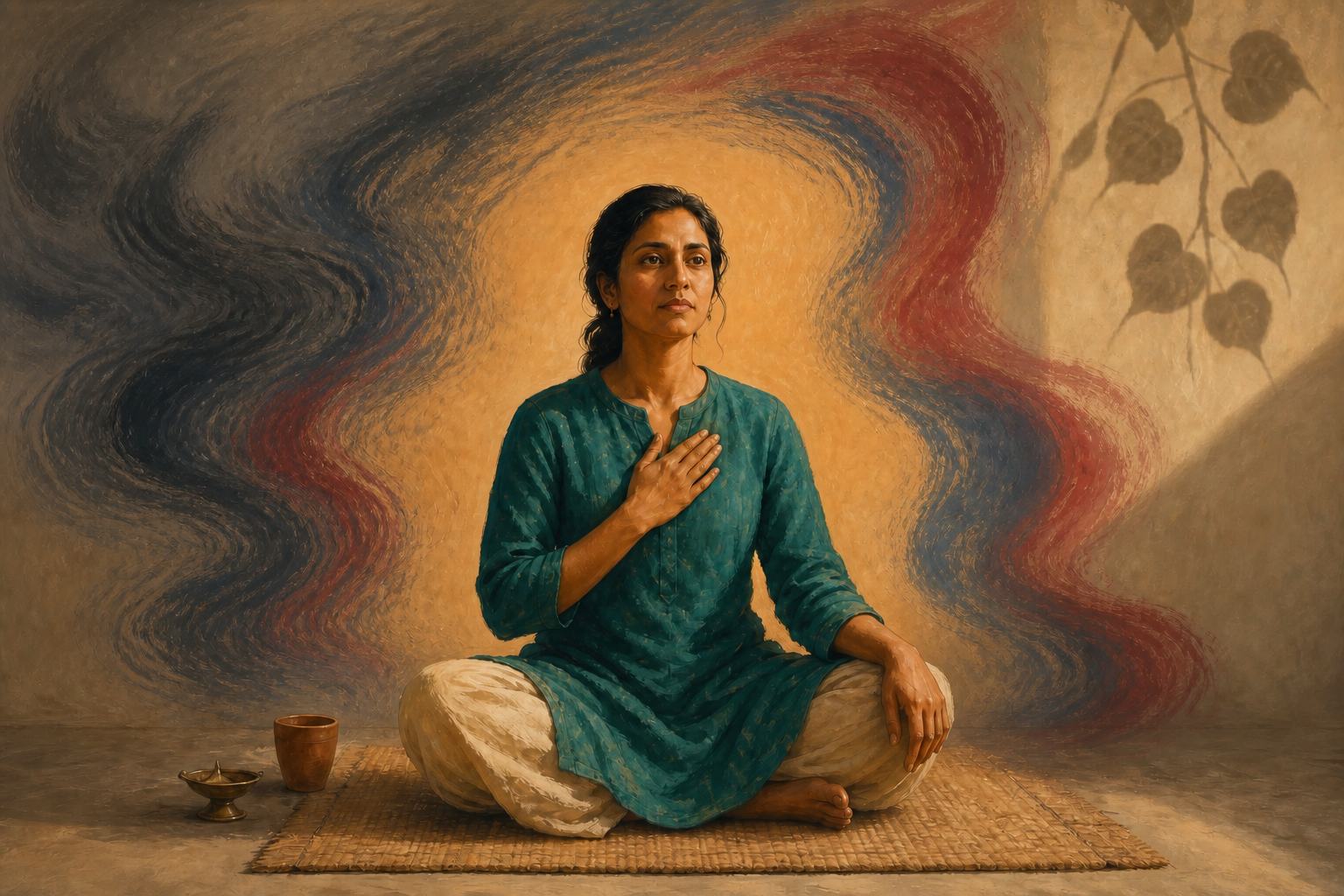 An adult sits attentively on a woven mat while dark, flowing currents surround a calm area of warm light around the body.