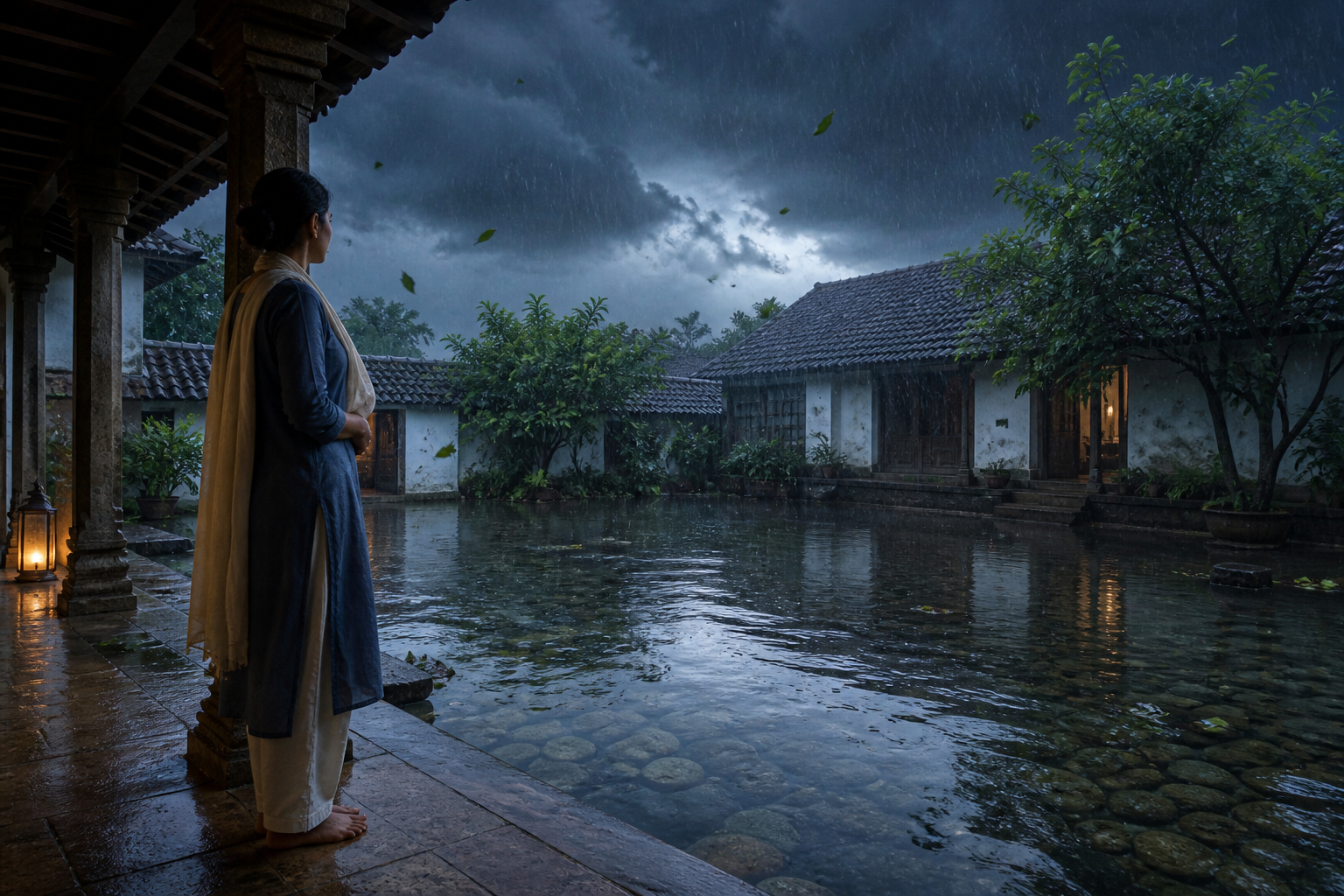 A person watches monsoon rain cross an Indian courtyard from the shelter of a stone veranda while visible stones rest beneath rippled water.