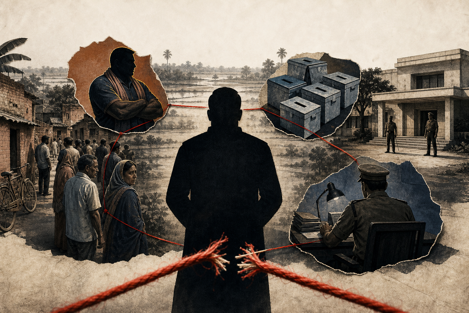 Editorial illustration of an anonymous political power broker connected by red threads to enforcers, ballot boxes, public institutions, and worried citizens in a Bihar setting.