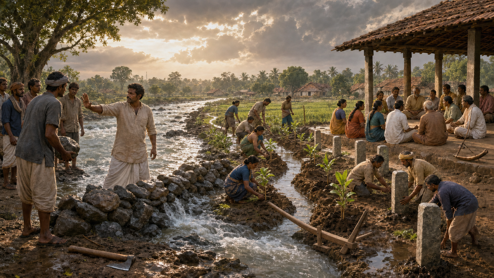 Villagers stop a harmful river barrier, restore an irrigation channel and hold a council beneath a pavilion in a single landscape.