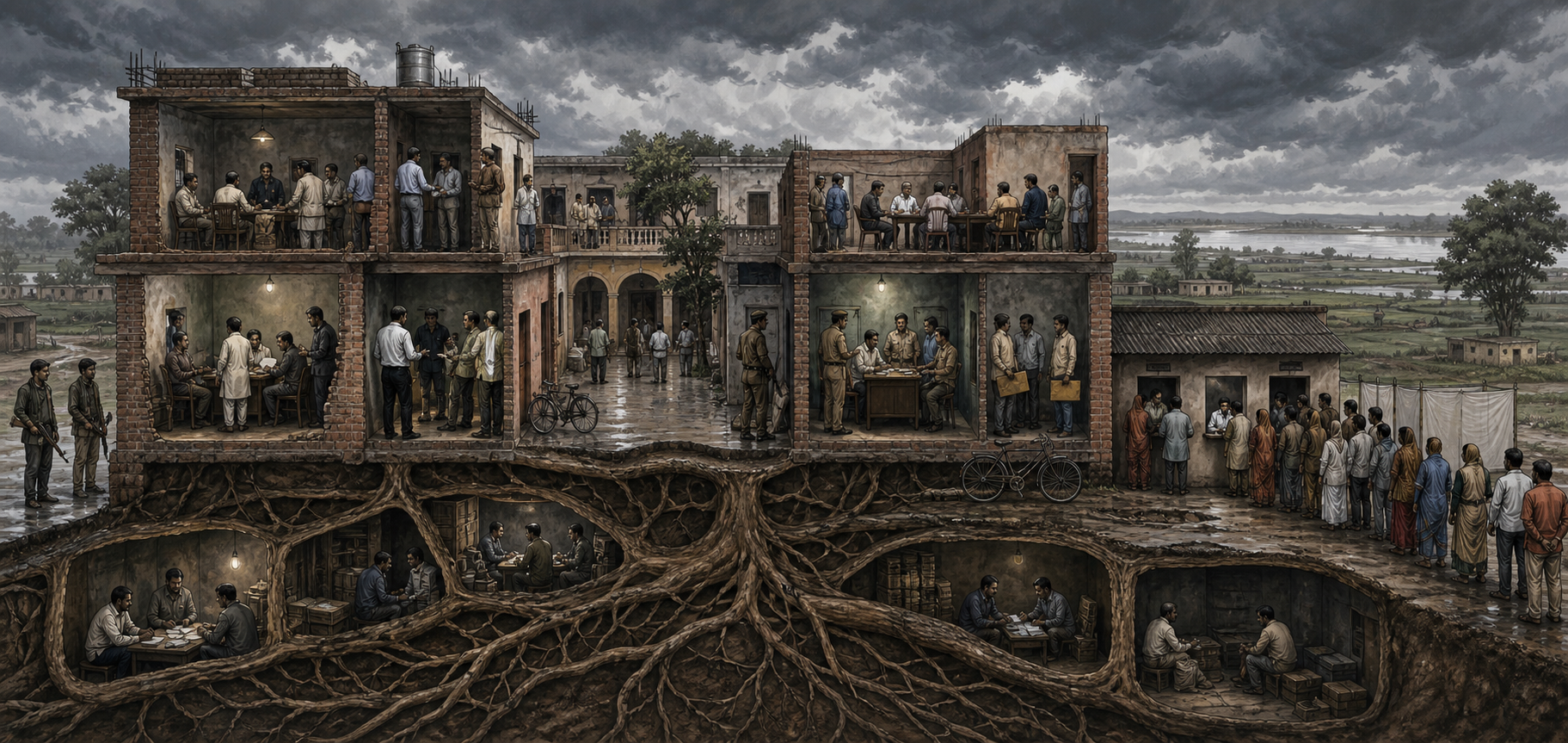Cutaway illustration of brokers, enforcers, contractors, police, and officials connected throughout one institutional network as citizens wait outside.