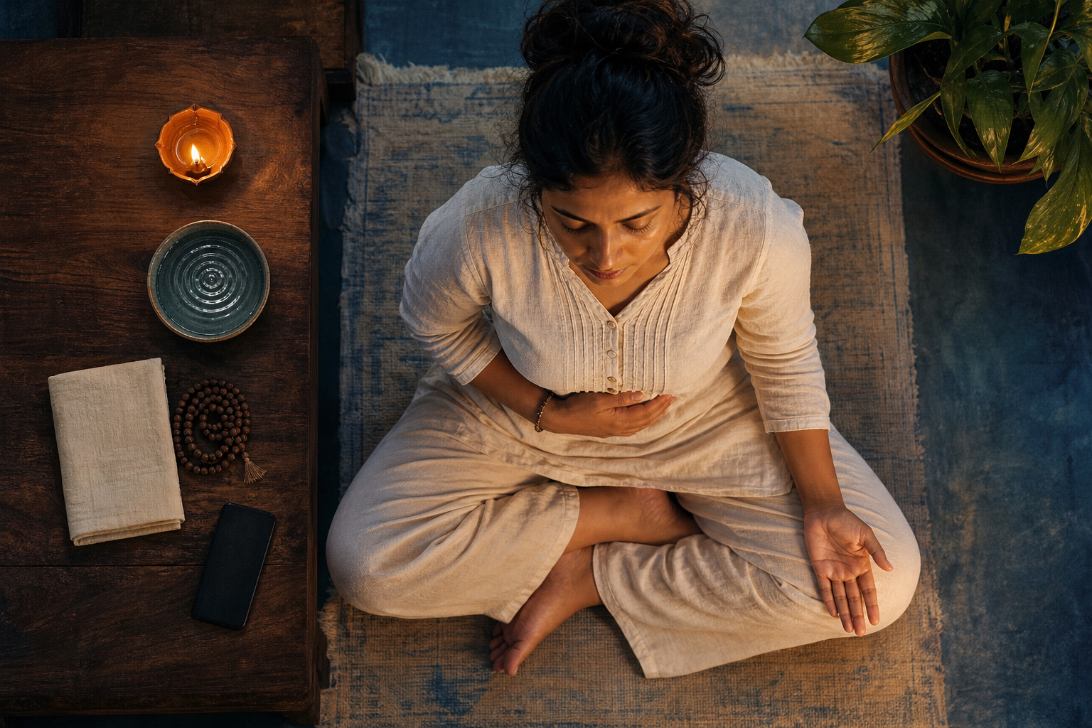 A seated adult pauses beside a face-down phone, placing one hand on the ribs and one on the thigh near a lamp and a bowl of rippling water.