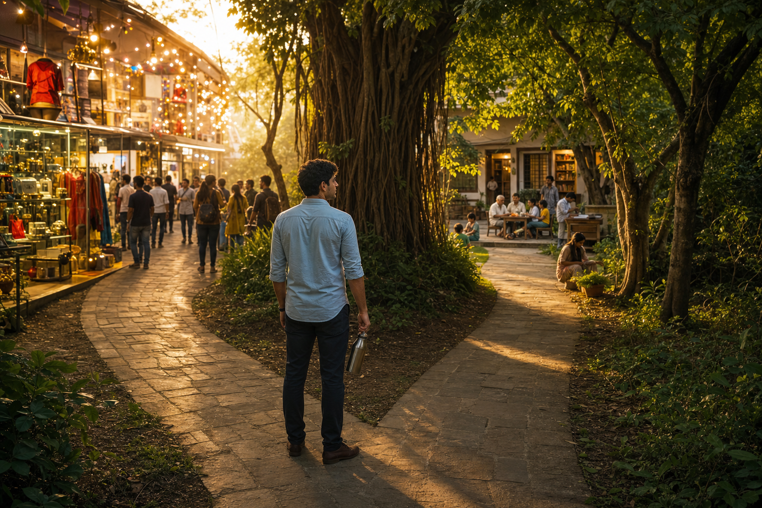 A person considers two garden paths, one crowded with attractive consumer goods and the other leading toward a home courtyard shared by family.
