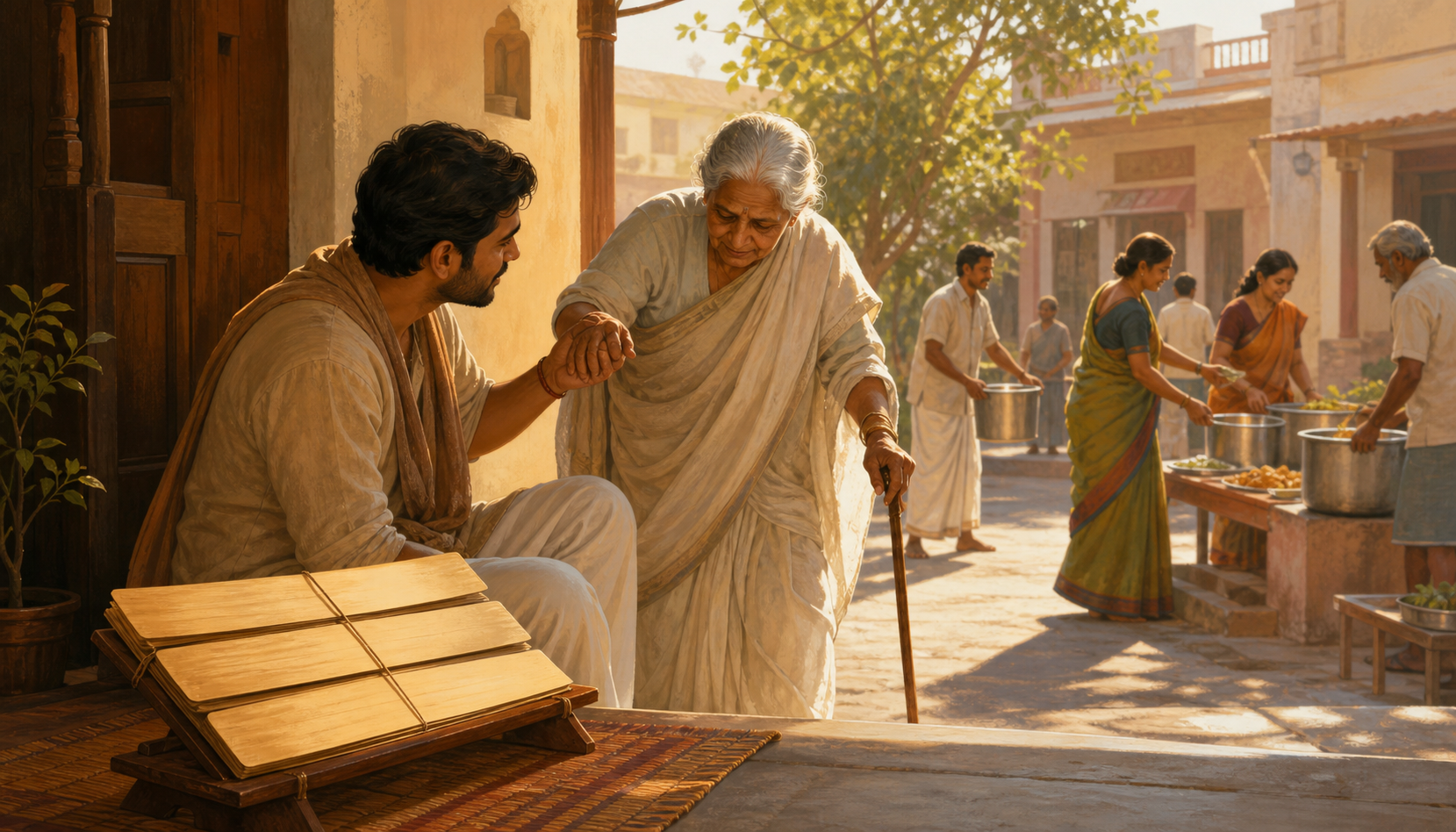 An adult helps an elderly family member while an open scripture rests nearby and neighbors prepare food and water in a sunlit courtyard.