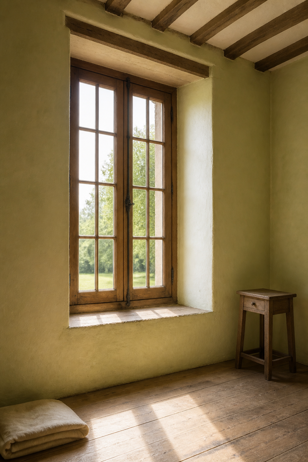 Restored wooden casement window illuminated by soft morning light in a simple historic devotional room.