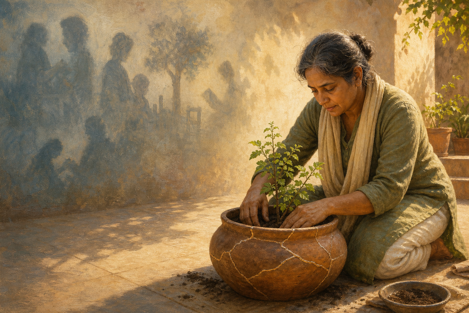 A person plants a young tulsi in a repaired clay vessel as indistinct shadows on a courtyard wall fade into warm morning light.