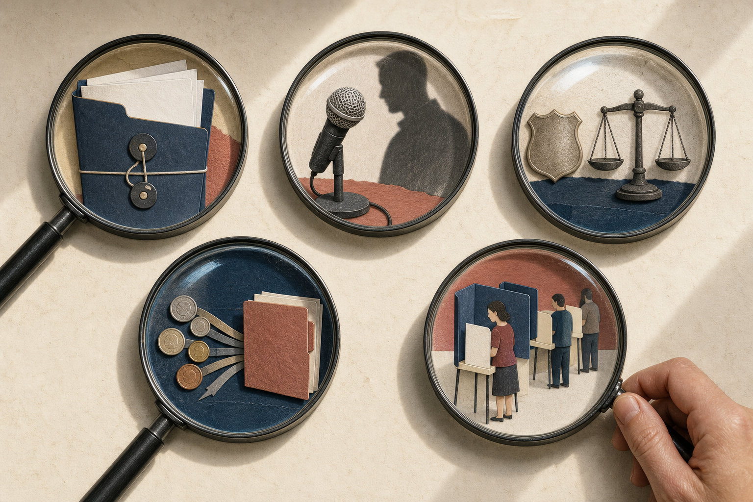 Five magnifying lenses examine symbols of legal accountability, intimidation, policing, public contracts, and safe voting on an inspection table.