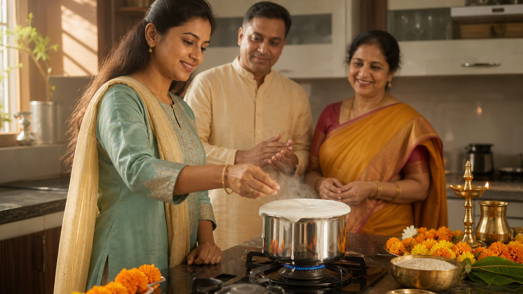 Milk rises over the rim of a stainless-steel pot as a family gathers in a newly occupied kitchen for a Griha Pravesh ritual.