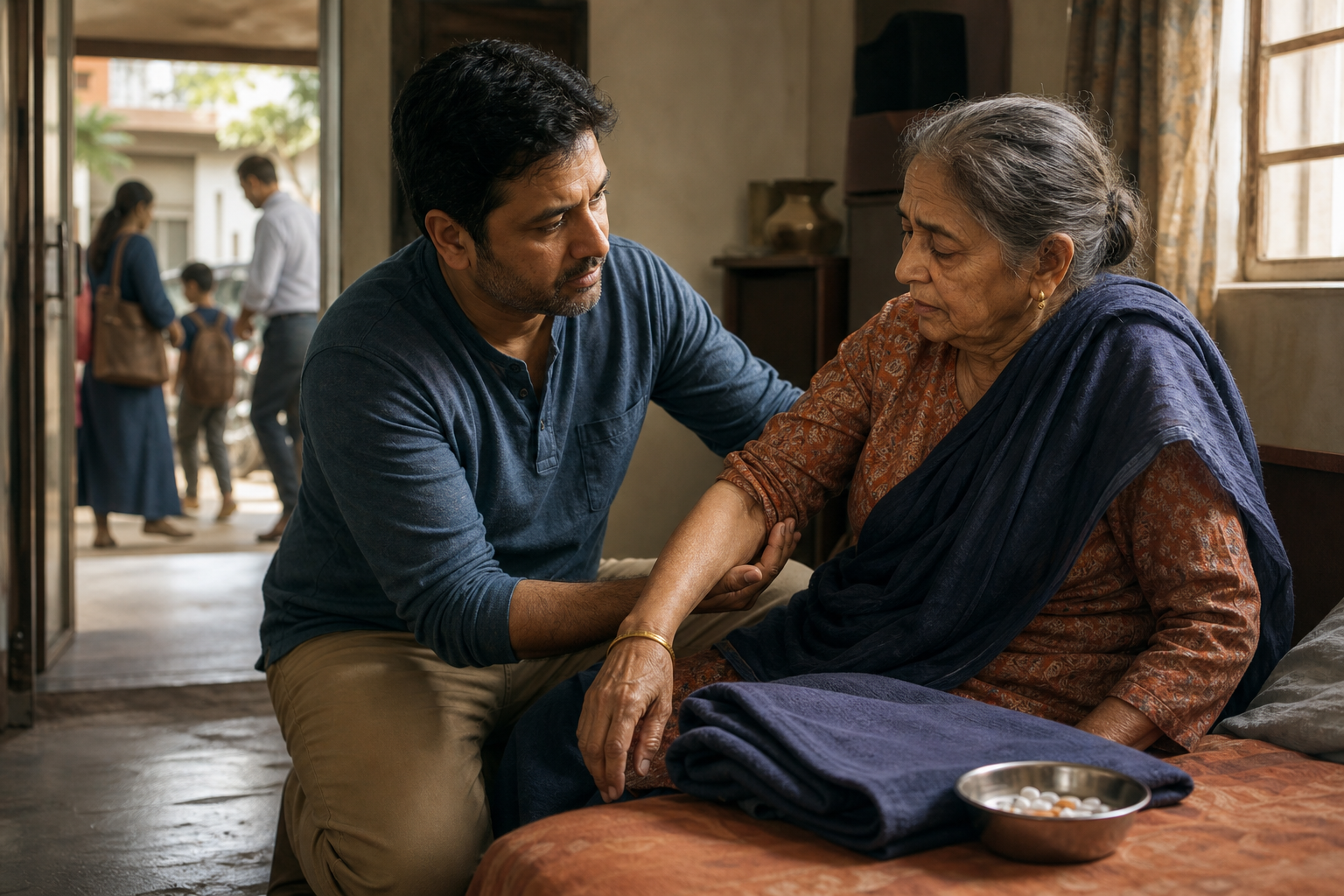 A householder assists an elderly parent beside a bowl of medicine and a folded blanket in a modest room.