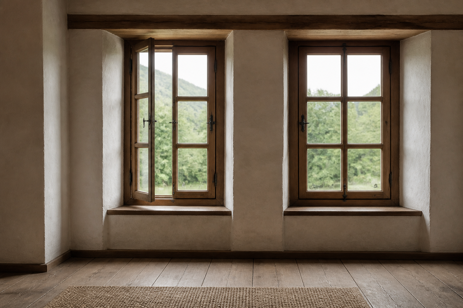 Two restored wooden windows with traditional proportions and hardware in a modest historic room.