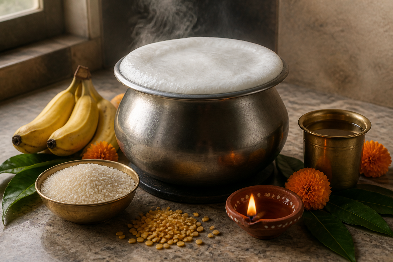 A pot of milk foaming at the brim is surrounded by rice, lentils, bananas, marigolds, mango leaves, a brass cup, and a lit clay lamp.