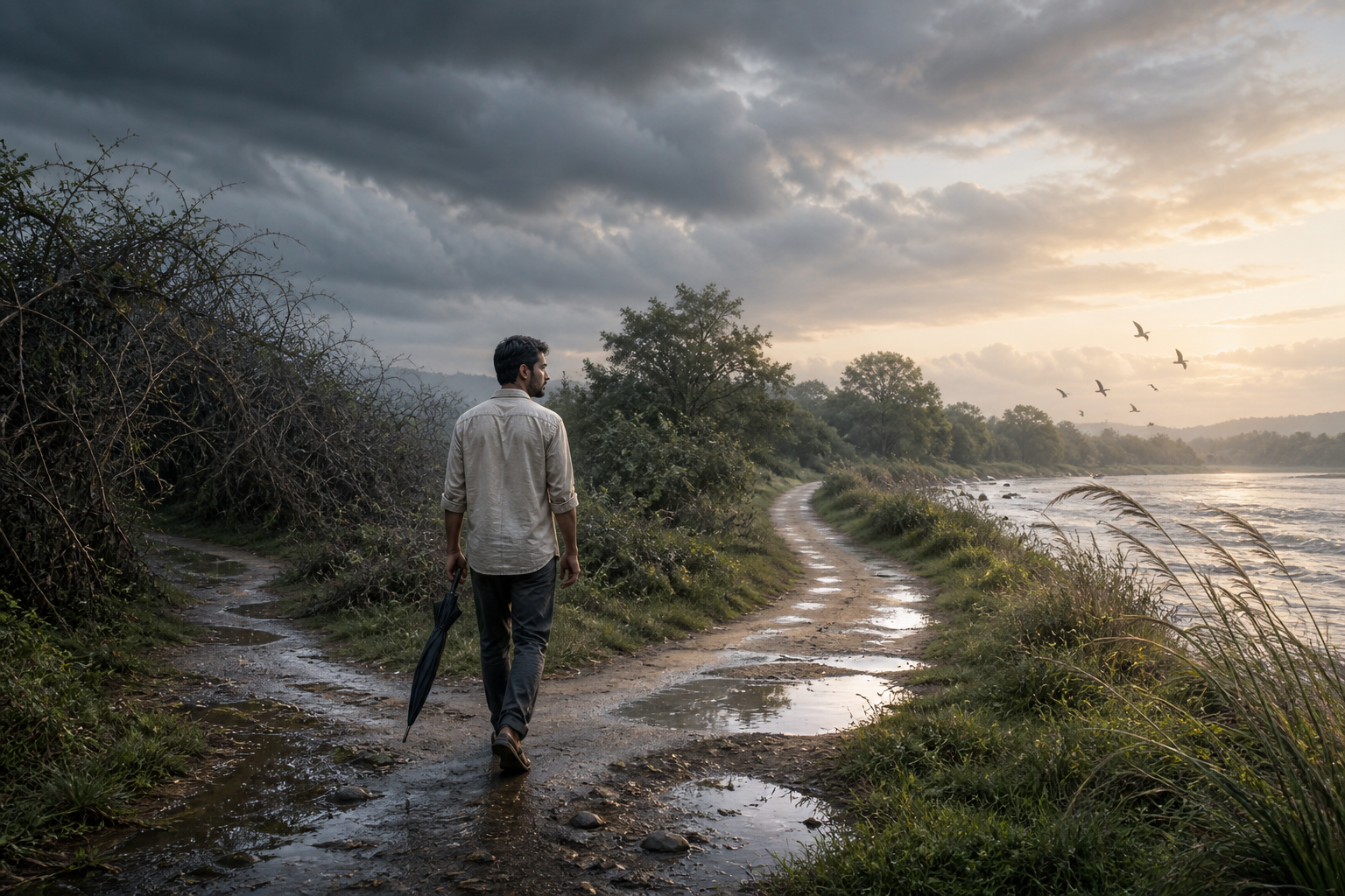 An adult walks deliberately along an open riverside path after a storm while a second path curves back toward tangled thorny plants.