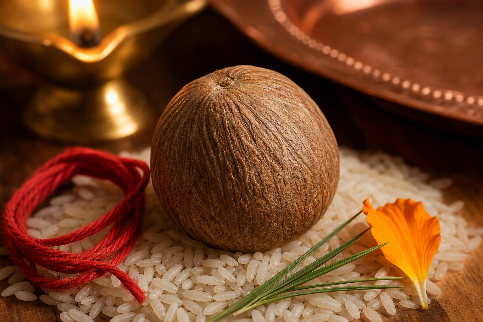 A whole ridged areca nut resting on uncooked rice beside red cotton thread, durva grass, and a marigold petal.