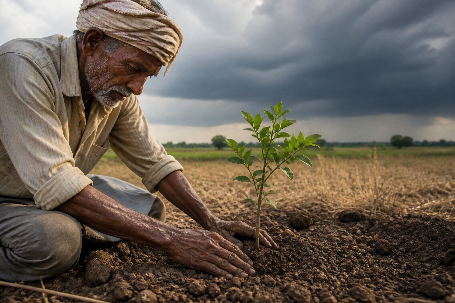 A farmer plants a young sapling in dry soil while uncertain rain clouds gather in the distance.