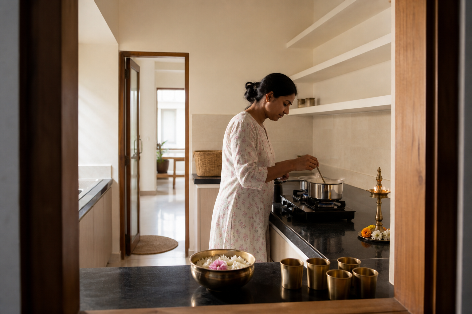 An adult tends a pot of milk in a newly prepared kitchen while bowls and cups wait nearby for serving.