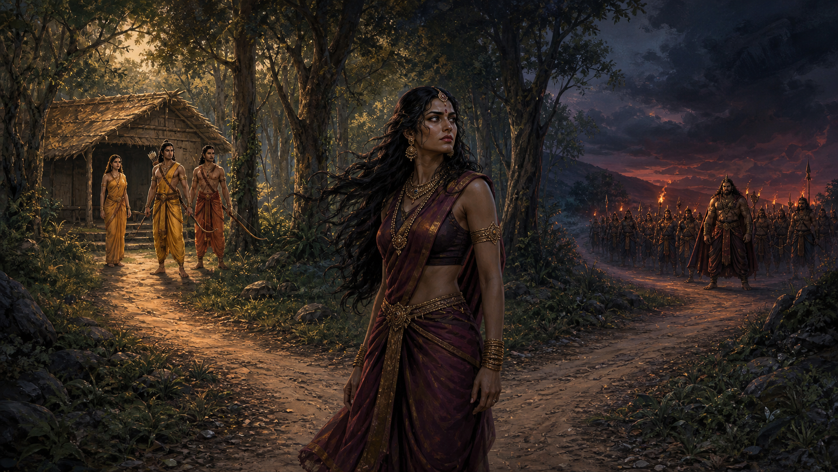 Surpanakha stands at a fork in a Janasthana forest path, with Sita, Rama, and Lakshmana beside a hermitage on one side and Khara's torchlit warriors gathering in the distance on the other.