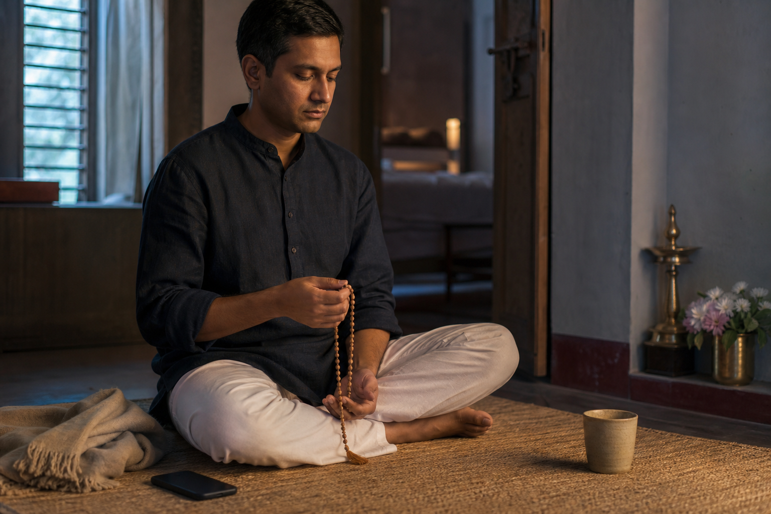 A seated practitioner chants quietly at dawn while passing small wooden prayer beads through one hand.