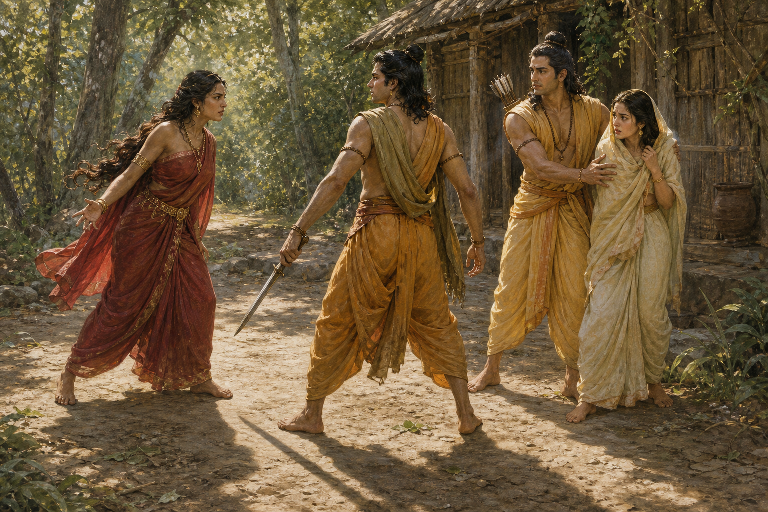 Lakshmana stands between an advancing Surpanakha and a retreating Sita, holding a lowered blade while Rama reaches protectively toward Sita in a forest clearing.