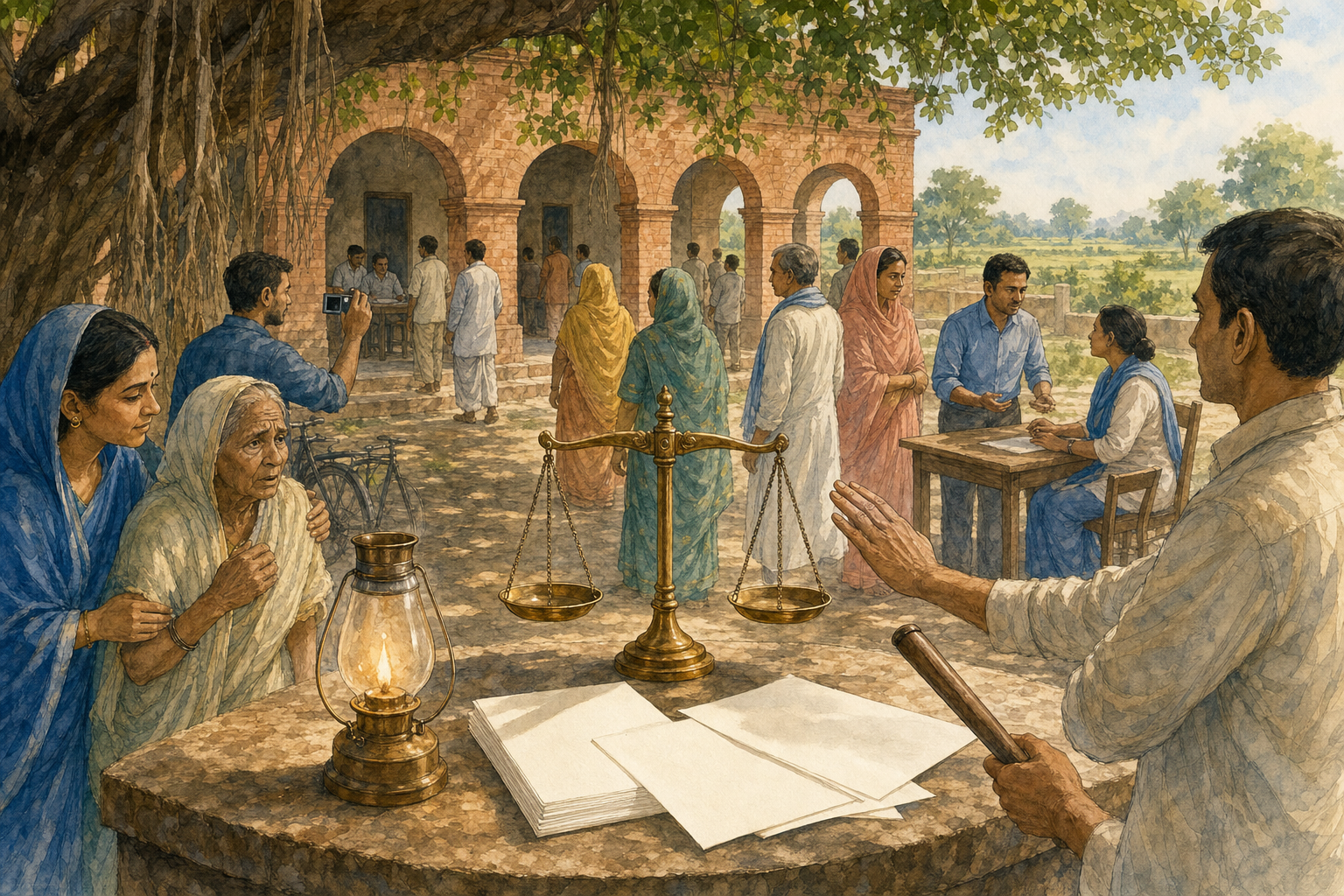 Citizens gather around balanced scales, an open hand, and a glowing lamp while supporting safe voting and transparent public oversight in a Bihar courtyard.