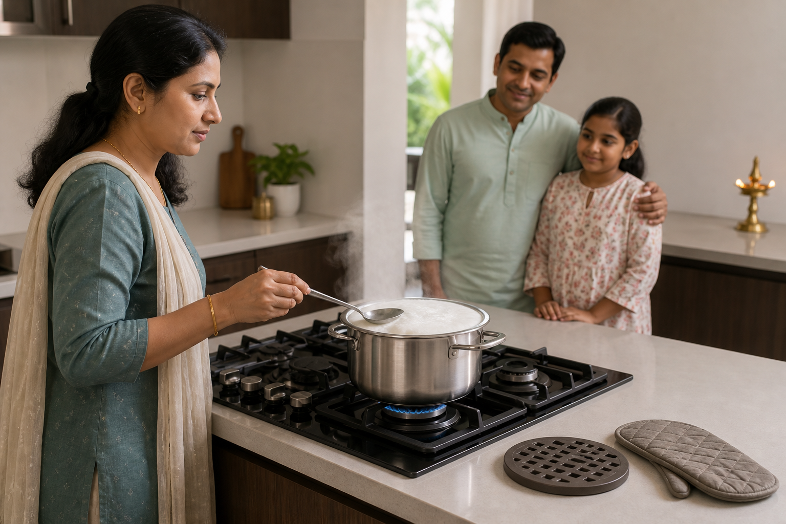 An adult closely watches milk rise in a stable pot, with a spoon, trivet, and oven mitt ready and a child observing from a safe distance.