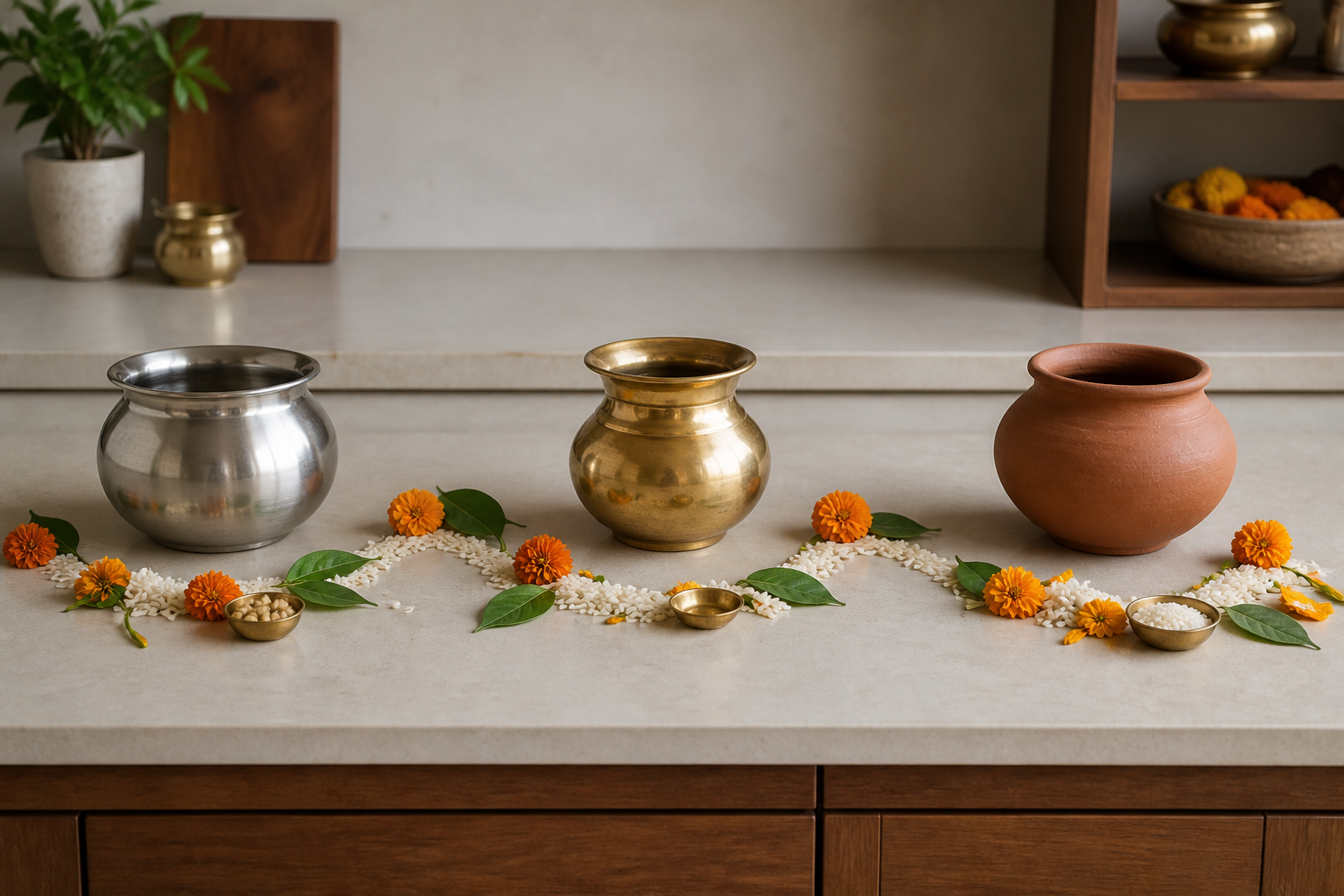 Stainless-steel, brass, and clay cooking pots are arranged with rice, mango leaves, marigolds, and serving bowls on a kitchen counter.