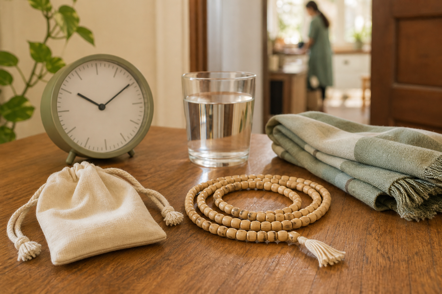 Tulasi prayer beads and a cloth bead bag rest beside a clock and glass of water on a wooden table in a lived-in home.