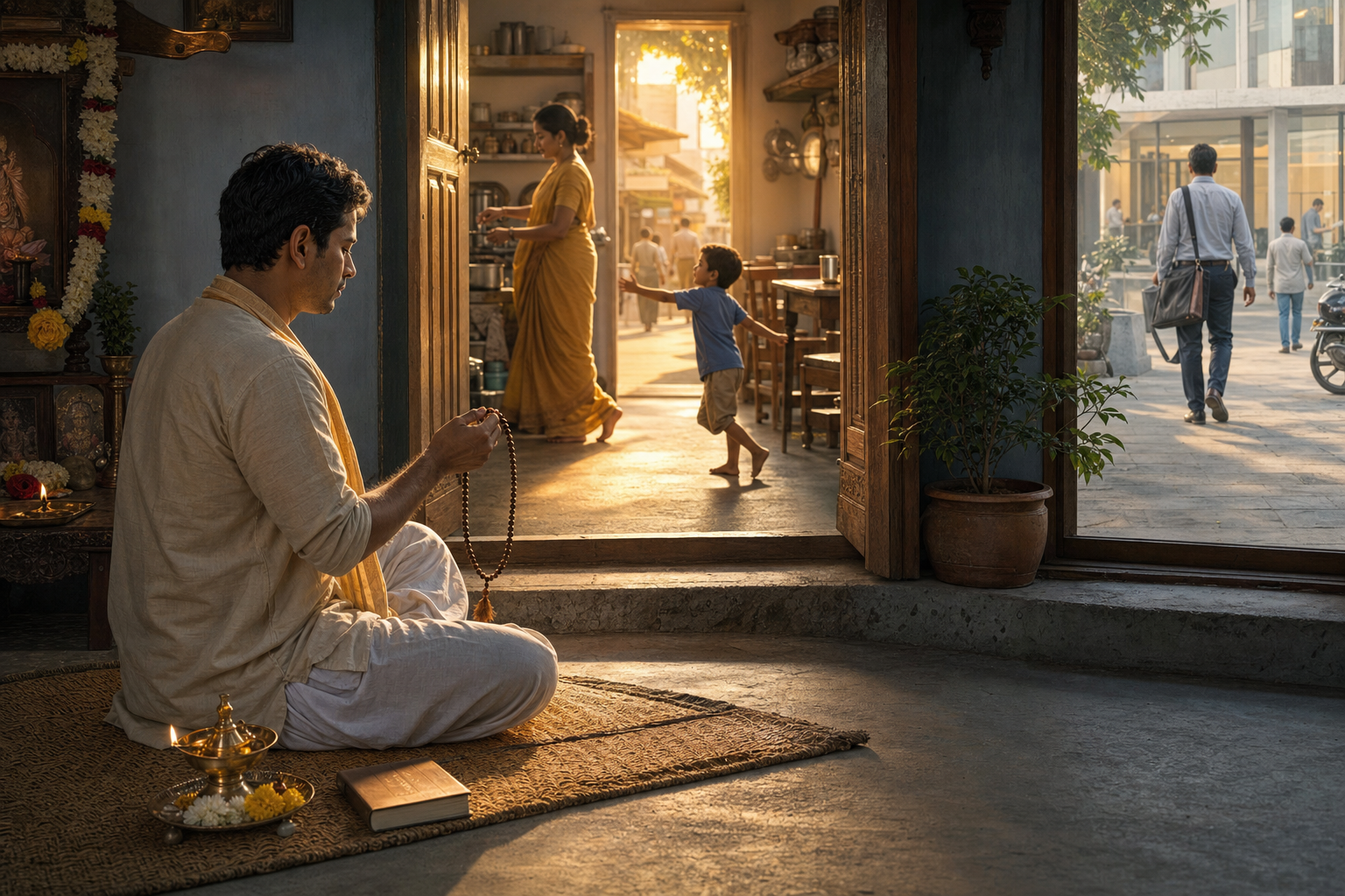 A devotee chants with prayer beads at dawn while an awakening household and a busy street are visible beyond the prayer space.