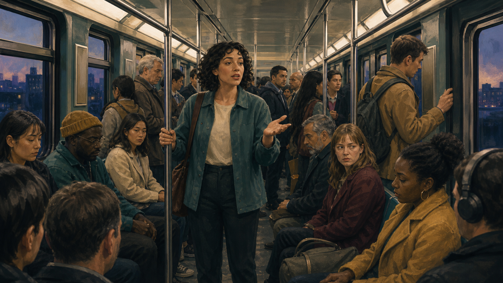 A passenger speaks with a raised hand in a crowded subway carriage while nearby commuters look away or appear uneasy and have little room to leave.