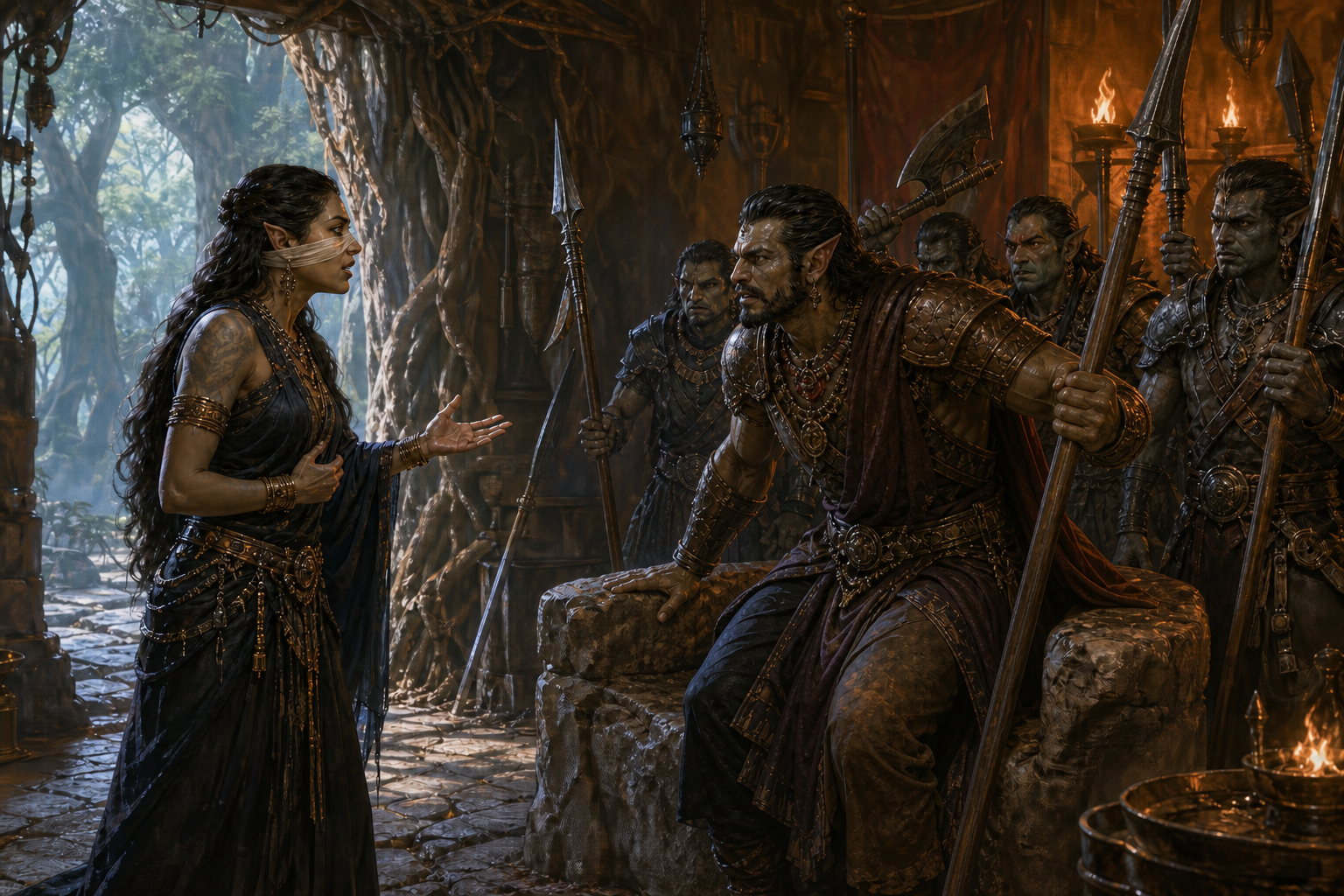 An injured Surpanakha addresses Khara in a forest stronghold as he reaches for a spear and nearby commanders prepare their weapons.