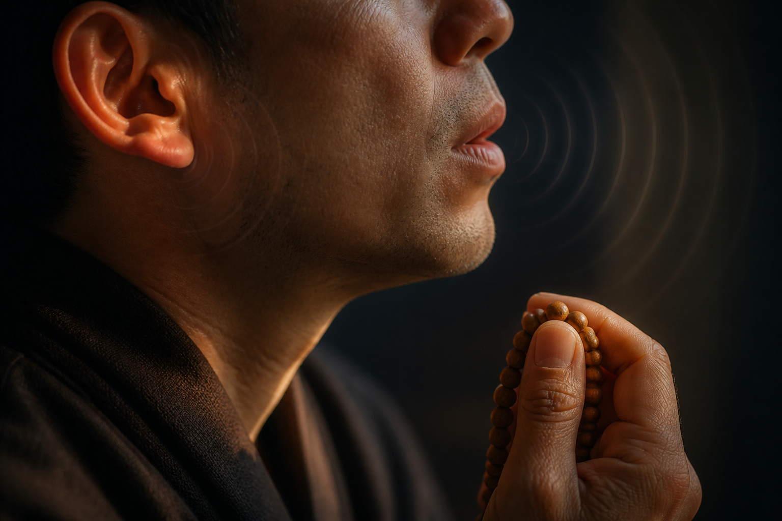 A close side view shows a practitioner speaking softly, listening, and advancing a wooden prayer bead between the fingers.