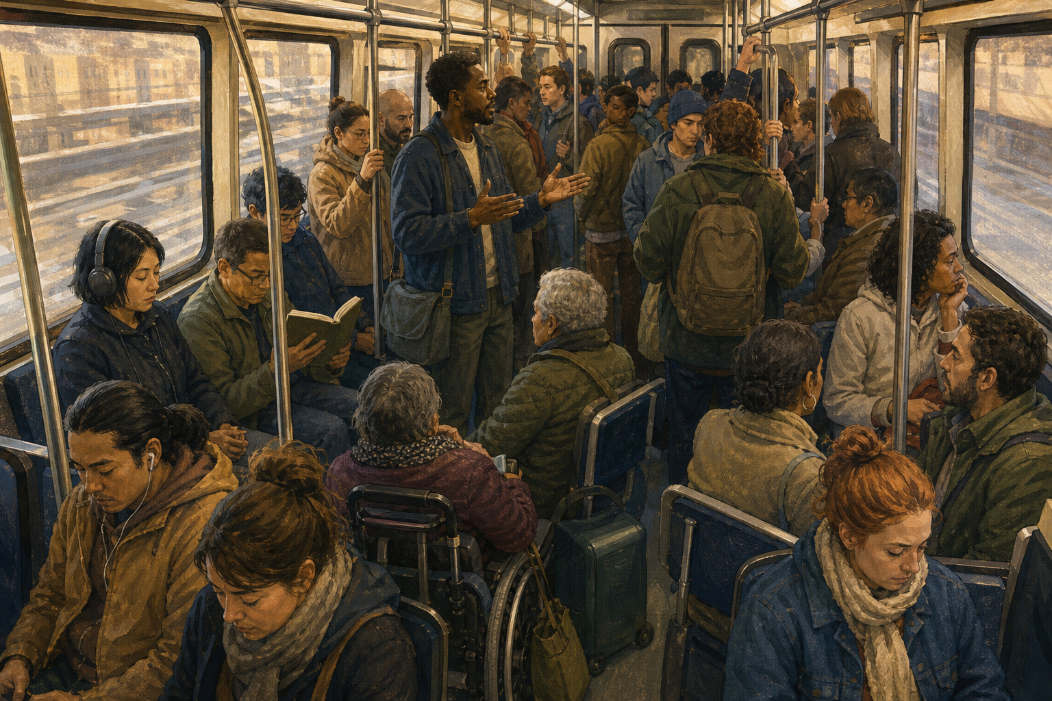 An elevated view of a full transit carriage shows one person addressing riders who are constrained by occupied seats, a crowded aisle, and closed doors.