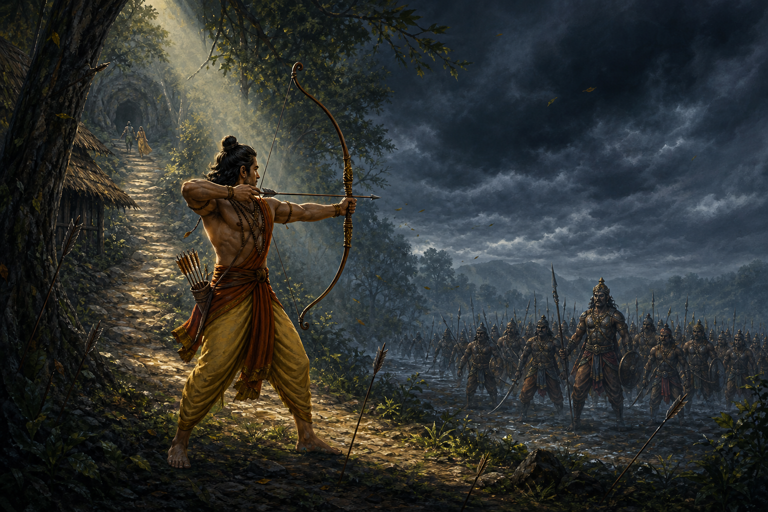 Rama draws his bow toward Khara and an advancing force in a forest clearing while Lakshmana leads Sita toward a distant rocky shelter behind him.